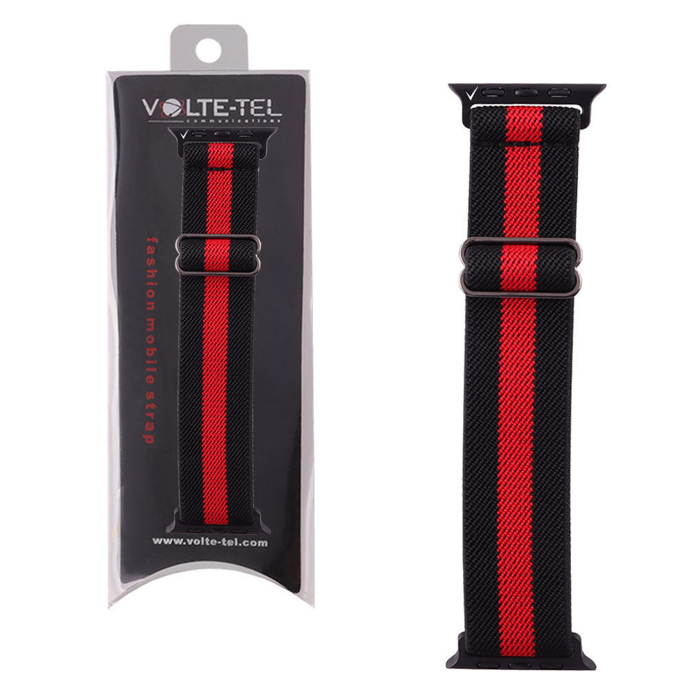 VOLTE-TEL ΛΟΥΡΑΚΙ ΡΟΛΟΓΙΟΥ APPLE WATCH 42/44/45/49mm ELASTIC BRAIDED NYLON BLACK WITH RED STRIPE VT101